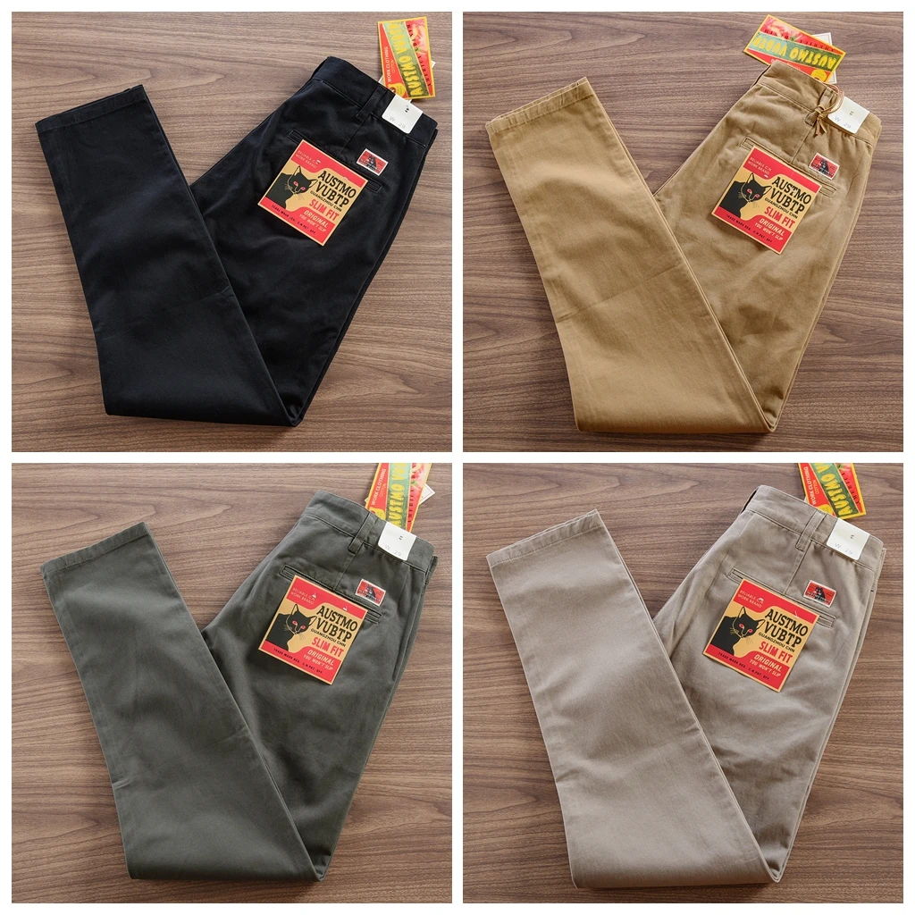2025 Spring Autumn New American Retro Twill Woven Driving Pants Men's Simple 100% Cotton Washed Chino Straight Casual Trousers