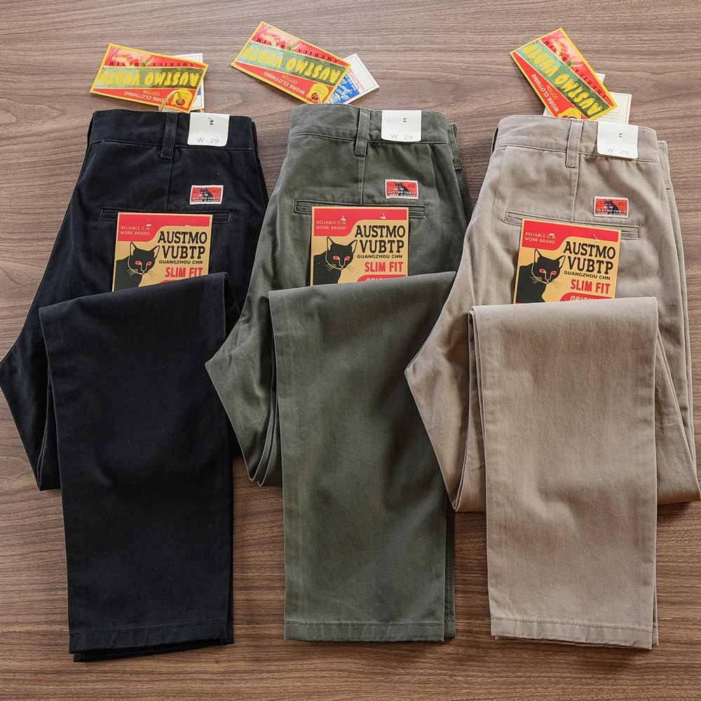 2025 Spring Autumn New American Retro Twill Woven Driving Pants Men's Simple 100% Cotton Washed Chino Straight Casual Trousers