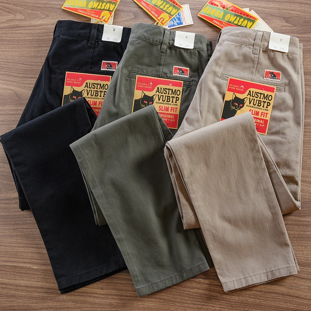 2025 Spring Autumn New American Retro Twill Woven Driving Pants Men's Simple 100% Cotton Washed Chino Straight Casual Trousers