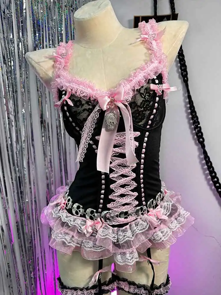 Pastel Goth Y2K Pink Tops for Women Gothic Punk Rock Vkei Grunge Emo Gyaru Corset Gothic Lolita Clothing 2000s 90s Scene Core