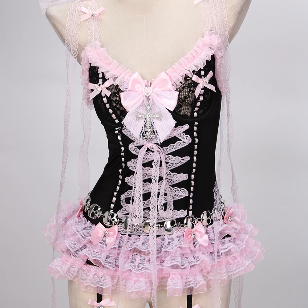Pastel Goth Y2K Pink Tops for Women Gothic Punk Rock Vkei Grunge Emo Gyaru Corset Gothic Lolita Clothing 2000s 90s Scene Core