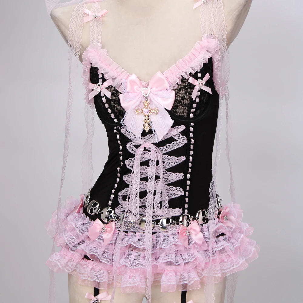 Pastel Goth Y2K Pink Tops for Women Gothic Punk Rock Vkei Grunge Emo Gyaru Corset Gothic Lolita Clothing 2000s 90s Scene Core