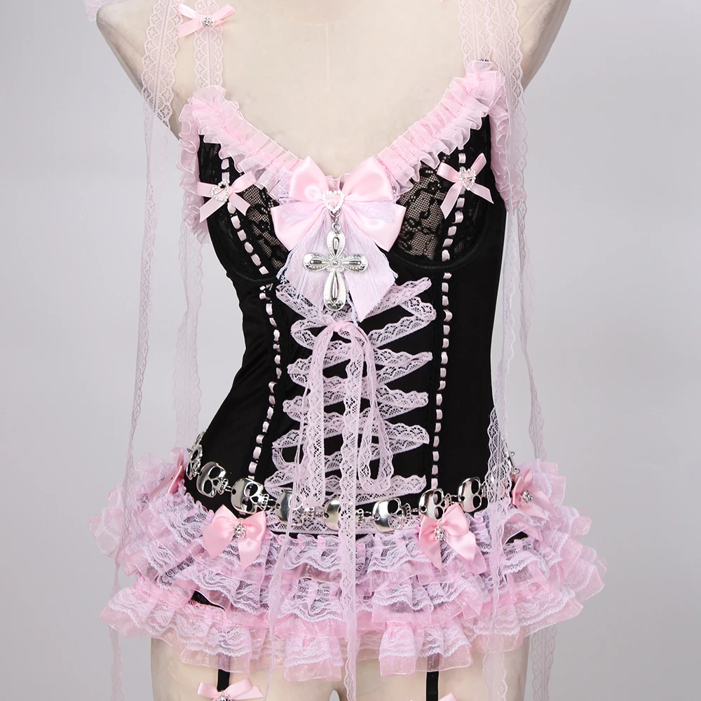 Pastel Goth Y2K Pink Tops for Women Gothic Punk Rock Vkei Grunge Emo Gyaru Corset Gothic Lolita Clothing 2000s 90s Scene Core