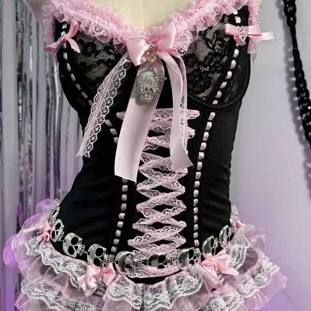 Pastel Goth Y2K Pink Tops for Women Gothic Punk Rock Vkei Grunge Emo Gyaru Corset Gothic Lolita Clothing 2000s 90s Scene Core