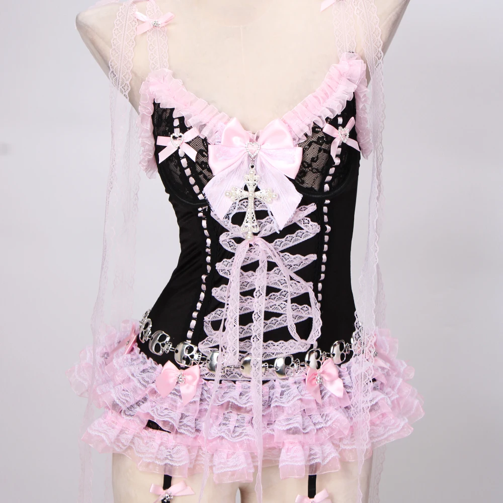 Pastel Goth Y2K Pink Tops for Women Gothic Punk Rock Vkei Grunge Emo Gyaru Corset Gothic Lolita Clothing 2000s 90s Scene Core