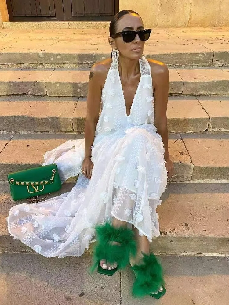 Wmstar Long Dresses Women Wholesale Deep V Neck Solid Loose Sleeveless New in Summer Holiday Floral Dress Drop Shopping 2025