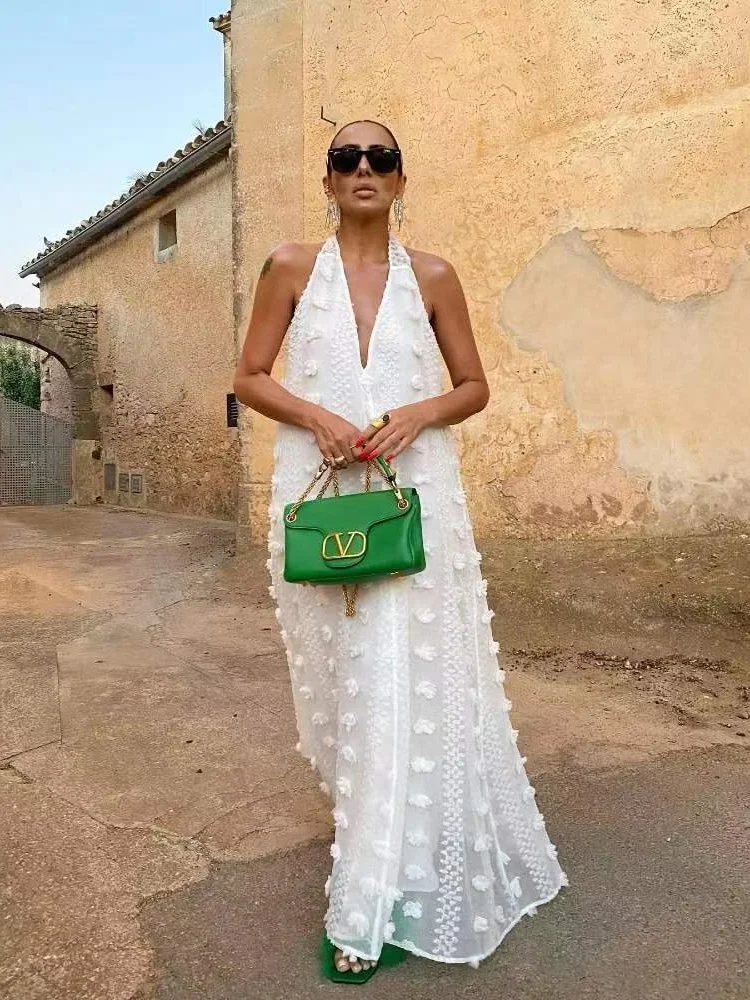 Wmstar Long Dresses Women Wholesale Deep V Neck Solid Loose Sleeveless New in Summer Holiday Floral Dress Drop Shopping 2025