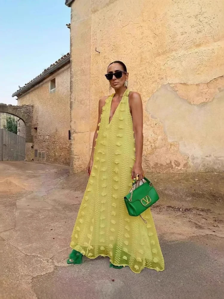 Wmstar Long Dresses Women Wholesale Deep V Neck Solid Loose Sleeveless New in Summer Holiday Floral Dress Drop Shopping 2025