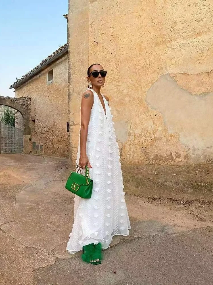 Wmstar Long Dresses Women Wholesale Deep V Neck Solid Loose Sleeveless New in Summer Holiday Floral Dress Drop Shopping 2025