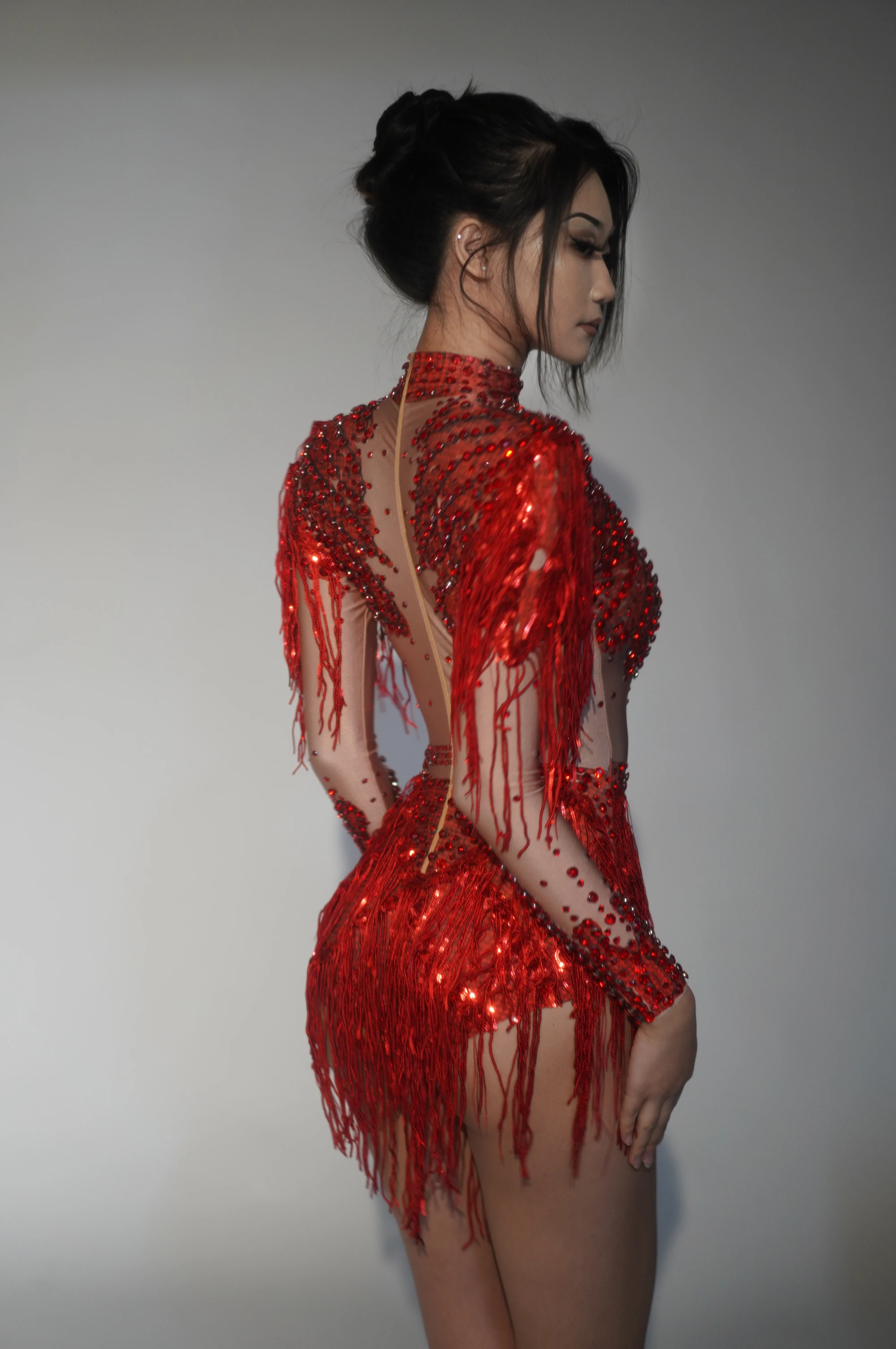 2025 New Arrival Sparkly Rhinestone Sequin Tassel Stretch Bodysuits Women Birthday Party Nightclub Dj Stage Performance Costume