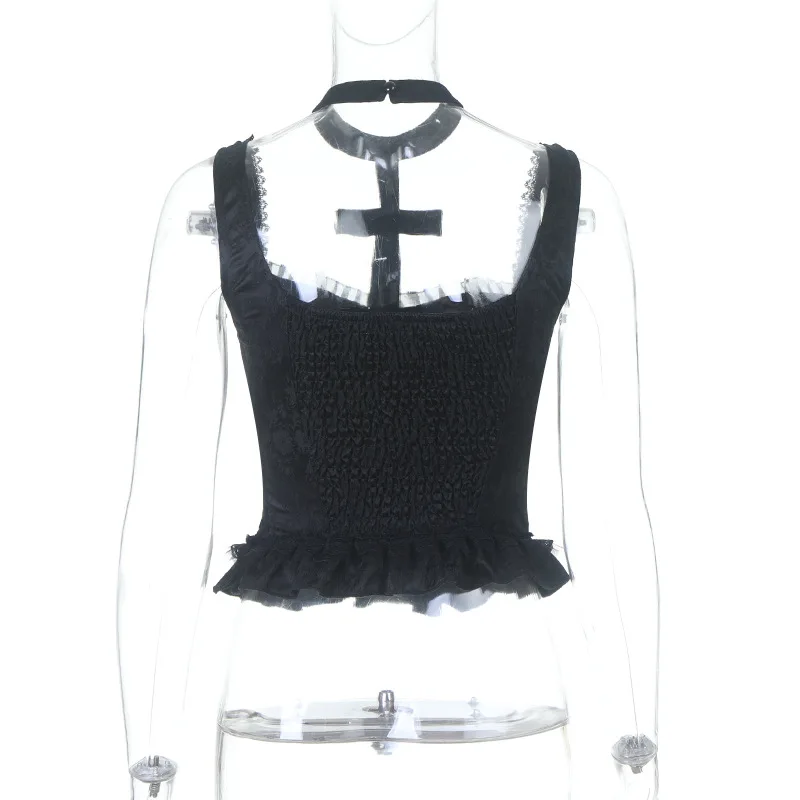 AltGoth Gothic Dark Y2k Vest Women Halloween Streetwear Hotsweet Lace Patchwork High Waist Bandage Cross Halter Crop Tank Tops