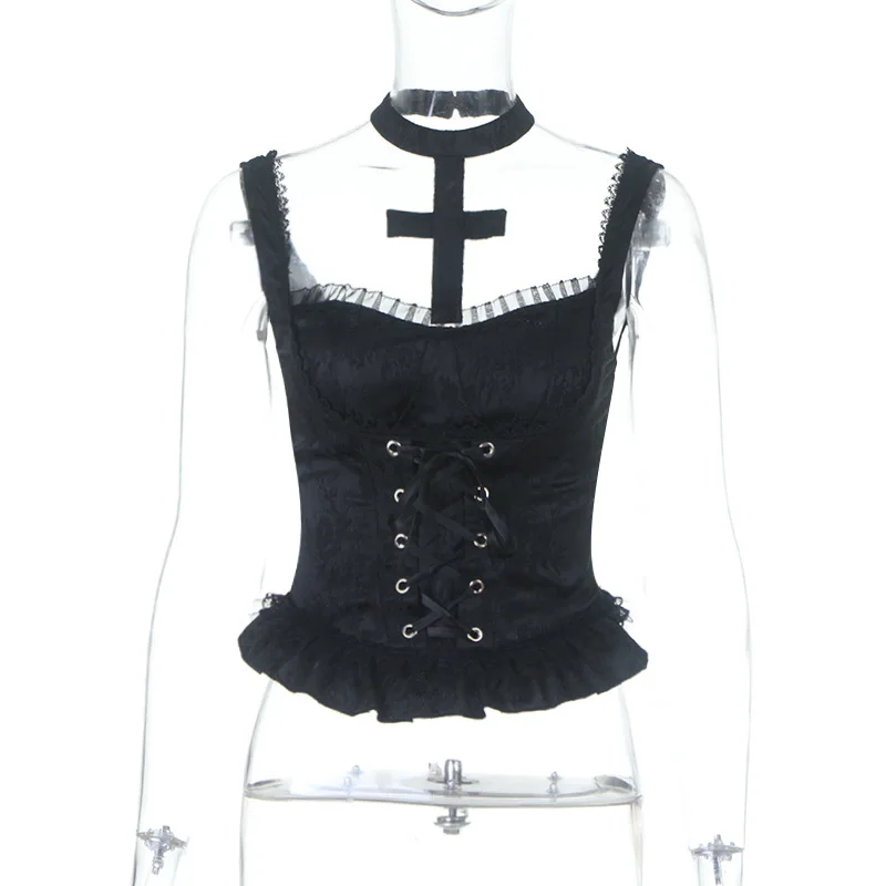 AltGoth Gothic Dark Y2k Vest Women Halloween Streetwear Hotsweet Lace Patchwork High Waist Bandage Cross Halter Crop Tank Tops
