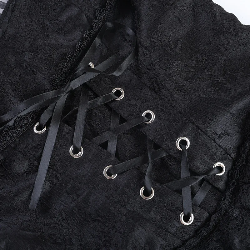 AltGoth Gothic Dark Y2k Vest Women Halloween Streetwear Hotsweet Lace Patchwork High Waist Bandage Cross Halter Crop Tank Tops