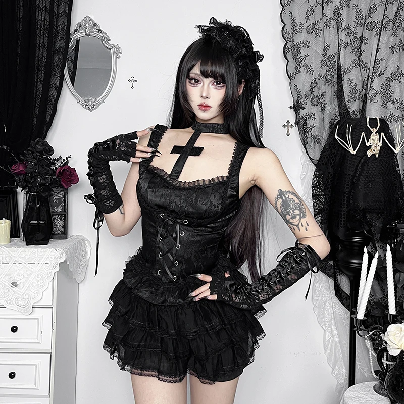 AltGoth Gothic Dark Y2k Vest Women Halloween Streetwear Hotsweet Lace Patchwork High Waist Bandage Cross Halter Crop Tank Tops