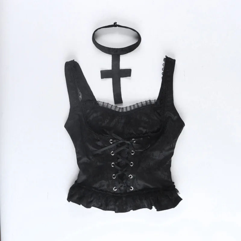 AltGoth Gothic Dark Y2k Vest Women Halloween Streetwear Hotsweet Lace Patchwork High Waist Bandage Cross Halter Crop Tank Tops