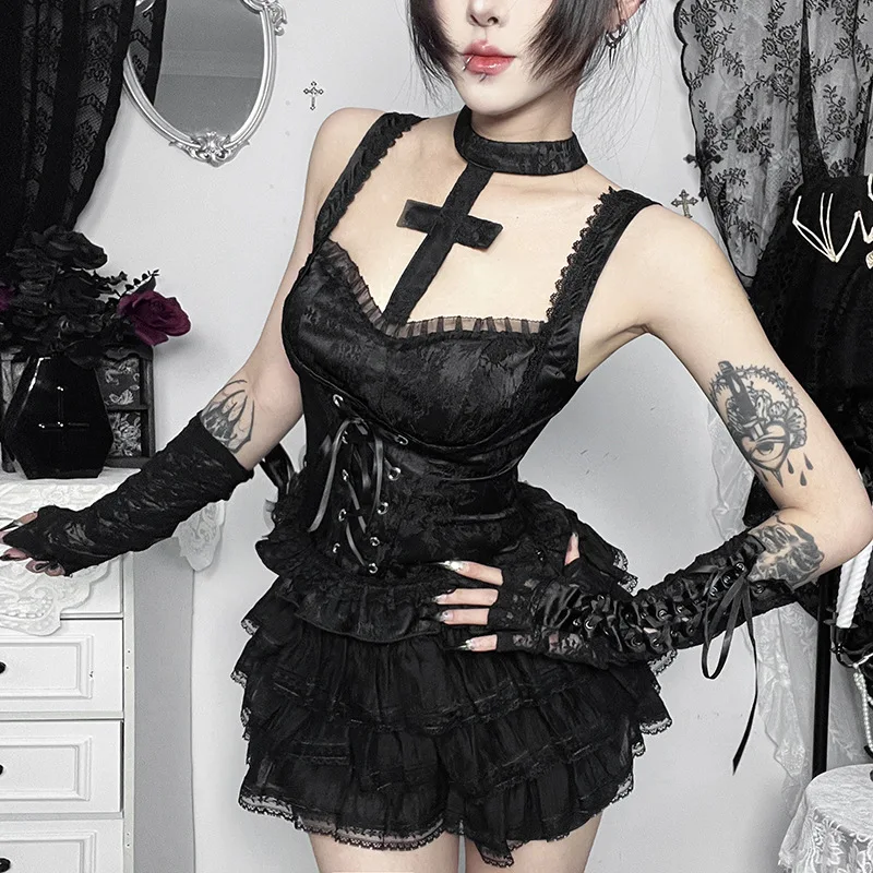 AltGoth Gothic Dark Y2k Vest Women Halloween Streetwear Hotsweet Lace Patchwork High Waist Bandage Cross Halter Crop Tank Tops