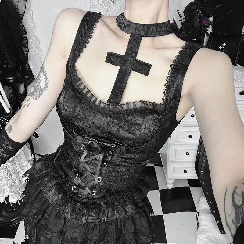 AltGoth Gothic Dark Y2k Vest Women Halloween Streetwear Hotsweet Lace Patchwork High Waist Bandage Cross Halter Crop Tank Tops