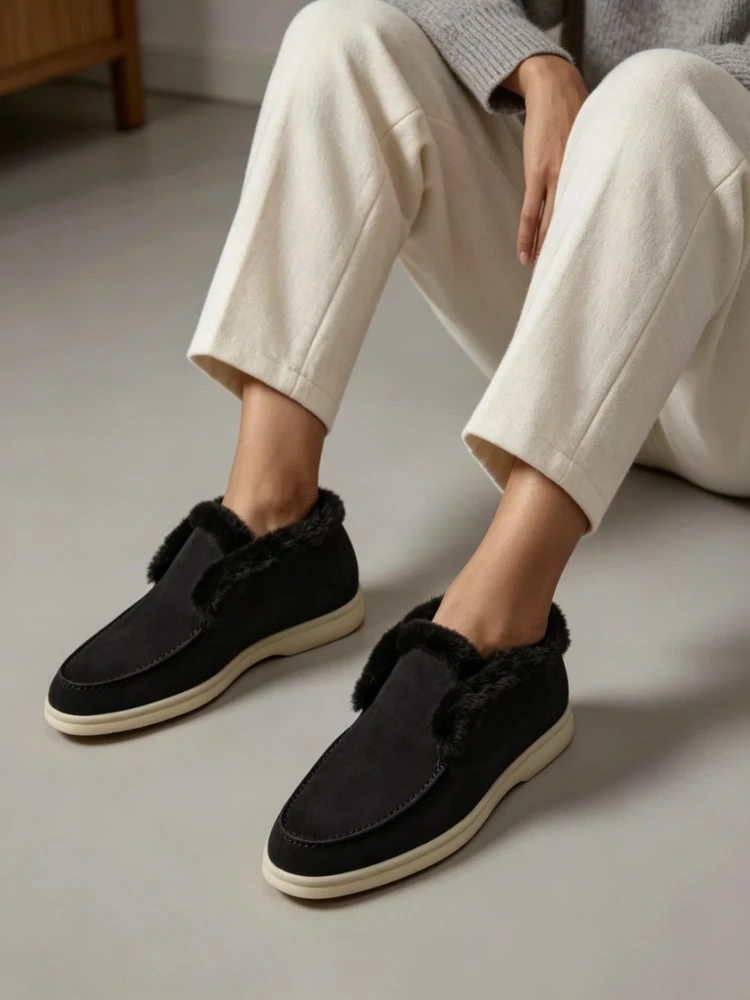 Fur Loafers Flat Shoes Women's Suede Slippers 2026 Quality Casual Shoes Women's Winter Wool Snow Boots