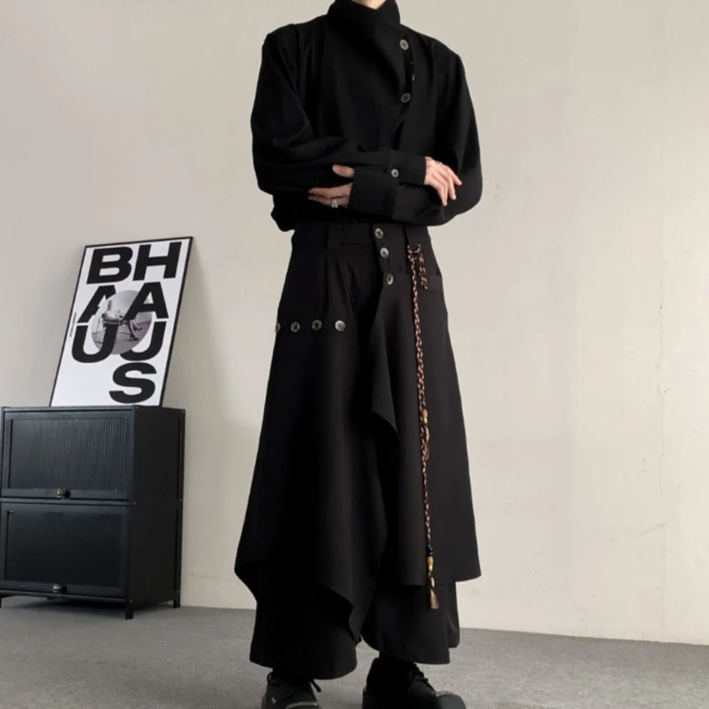 Men Culottes Irregular Layered Samurai Pants Hakama Streetwear Fashion Versatile Trend Casual Wide-Leg Pants Men'S Clothing 2024