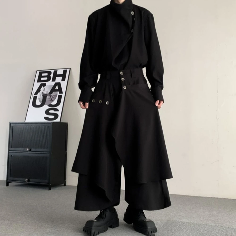 Men Culottes Irregular Layered Samurai Pants Hakama Streetwear Fashion Versatile Trend Casual Wide-Leg Pants Men'S Clothing 2024