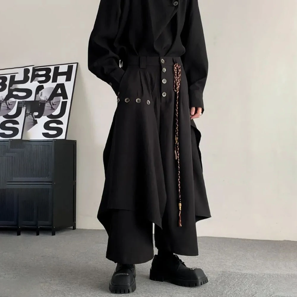 Men Culottes Irregular Layered Samurai Pants Hakama Streetwear Fashion Versatile Trend Casual Wide-Leg Pants Men'S Clothing 2024
