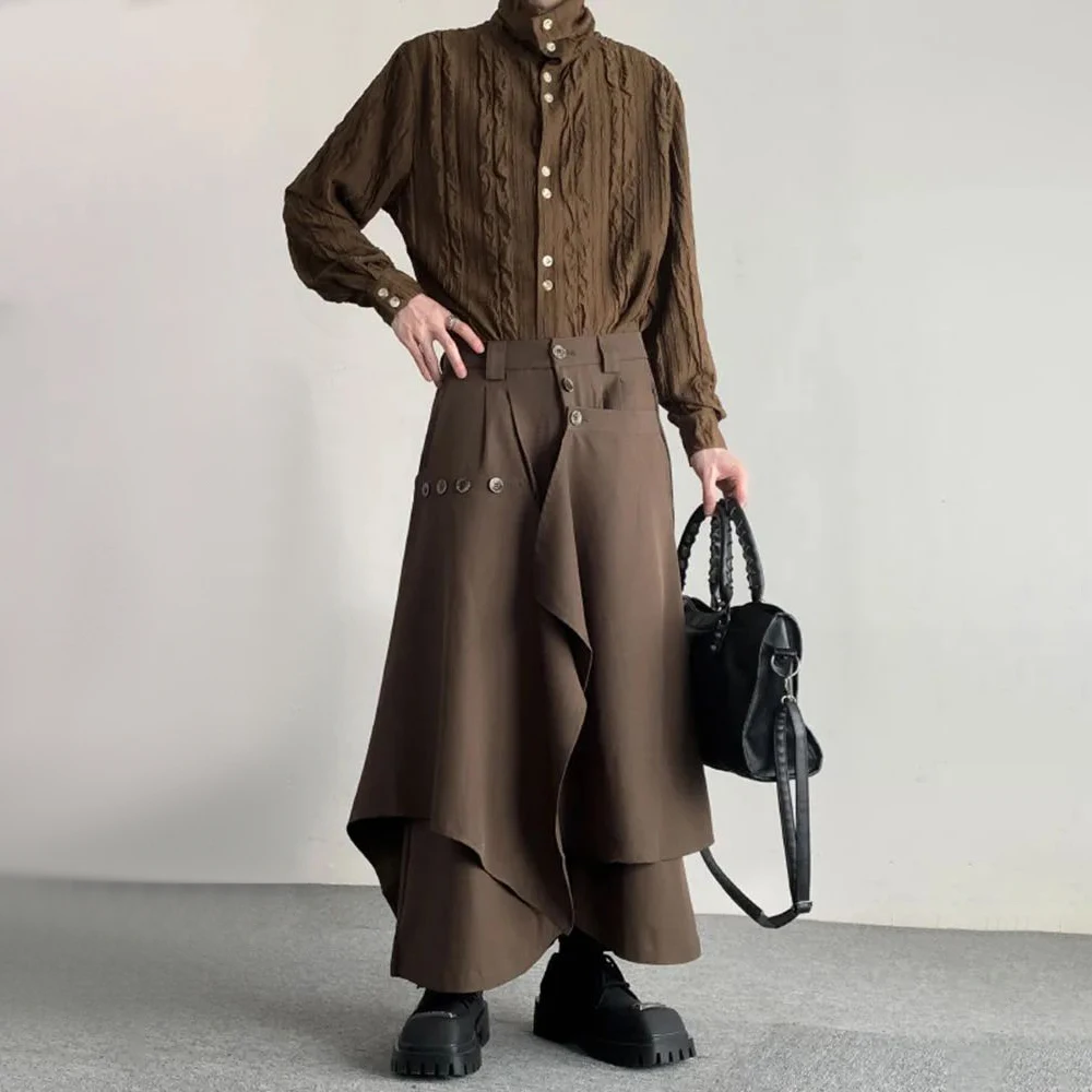 Men Culottes Irregular Layered Samurai Pants Hakama Streetwear Fashion Versatile Trend Casual Wide-Leg Pants Men'S Clothing 2024