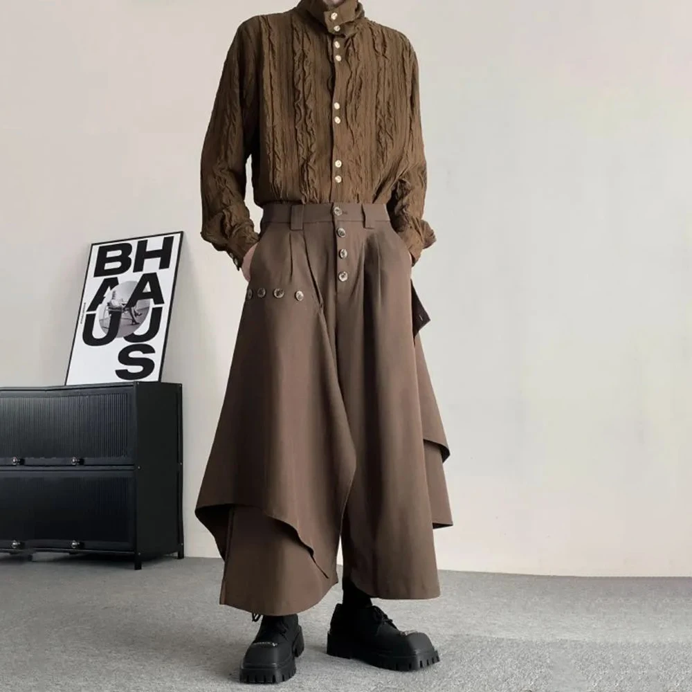 Men Culottes Irregular Layered Samurai Pants Hakama Streetwear Fashion Versatile Trend Casual Wide-Leg Pants Men'S Clothing 2024