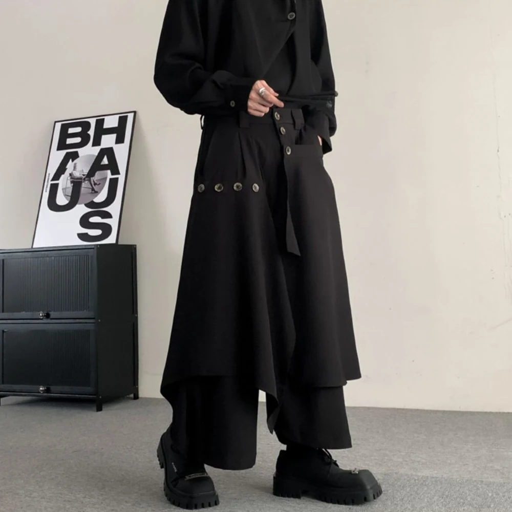 Men Culottes Irregular Layered Samurai Pants Hakama Streetwear Fashion Versatile Trend Casual Wide-Leg Pants Men'S Clothing 2024