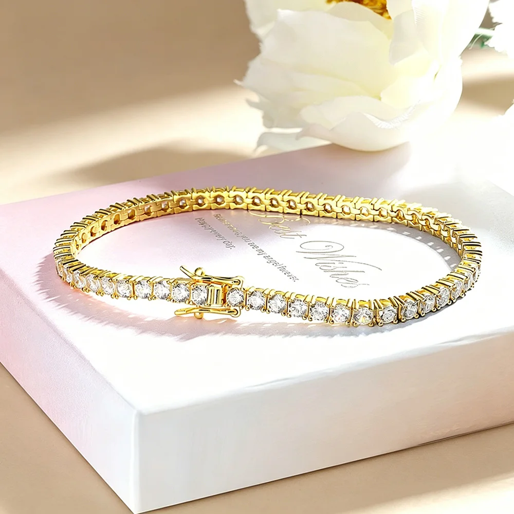 OEVAS 3mm High Carbon Diamond Tennis Bracelet S925 Sterling Silver Plated 18K Gold Lab Diamond Bracelet Fine Jewelry Wholesale