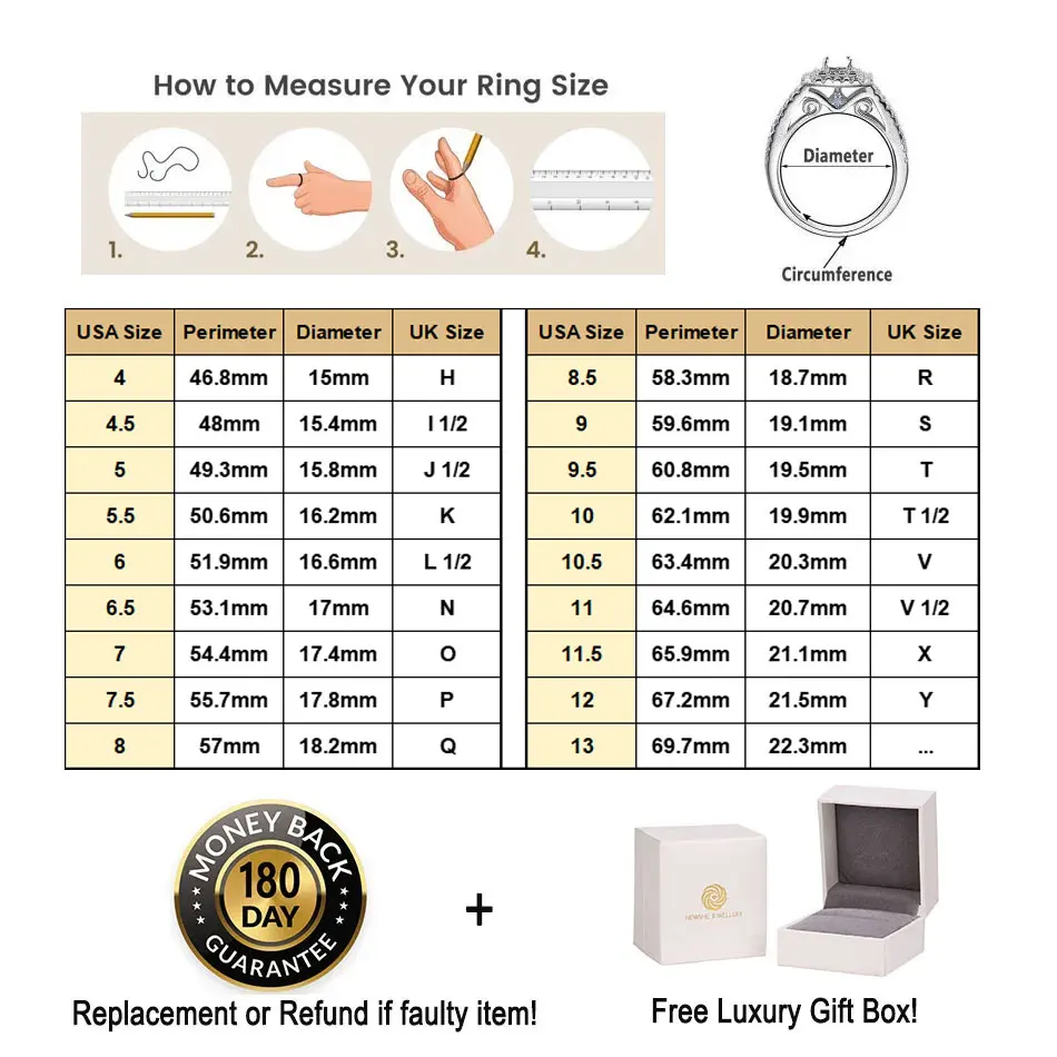 Newshe D VVS1 GRA Certified Moissanite Rings for Women Solid 925 Sterling Silver Yellow Gold Color Wedding Engagement Ring
