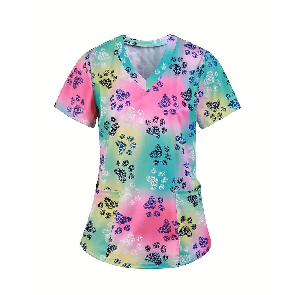 Scrubs Medical Uniforms Woman Cute Cartoon Pattern Dental Medico Tops V-Neck Short Sleeve Patch Pocket Tees Nurse Uniform Woman