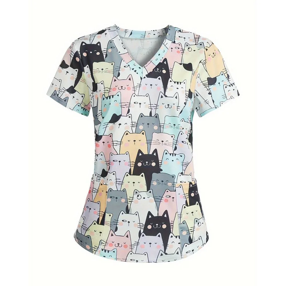 Scrubs Medical Uniforms Woman Cute Cartoon Pattern Dental Medico Tops V-Neck Short Sleeve Patch Pocket Tees Nurse Uniform Woman