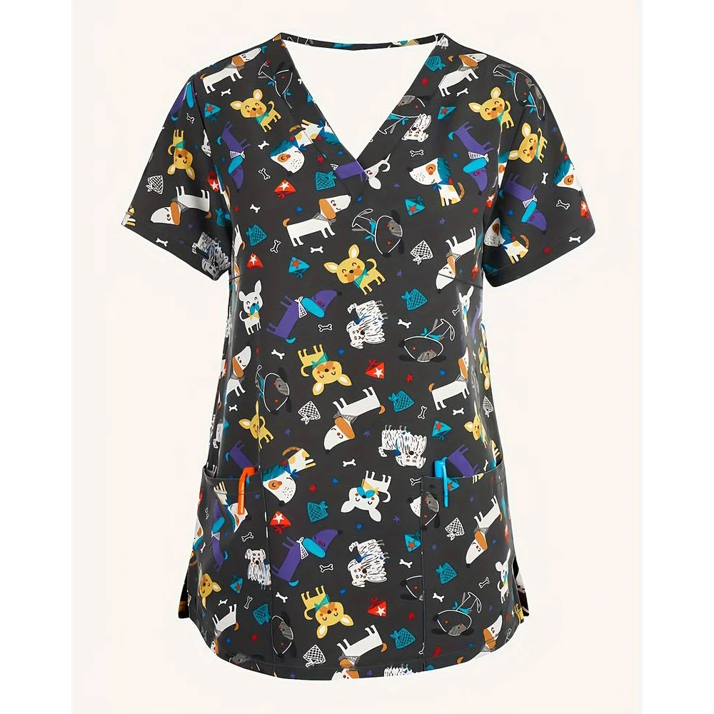 Scrubs Medical Uniforms Woman Cute Cartoon Pattern Dental Medico Tops V-Neck Short Sleeve Patch Pocket Tees Nurse Uniform Woman