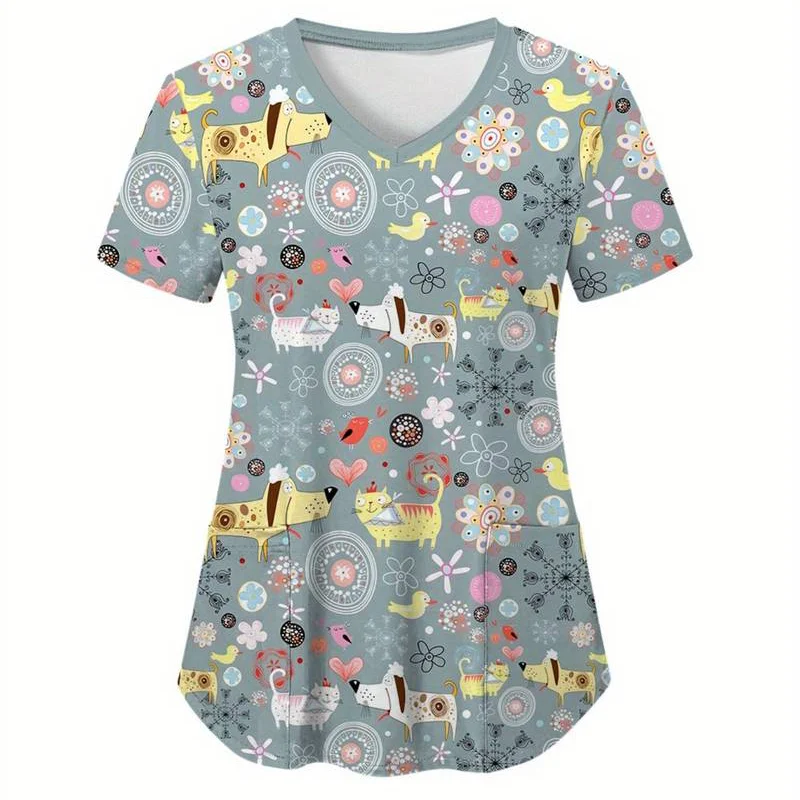 Scrubs Medical Uniforms Woman Cute Cartoon Pattern Dental Medico Tops V-Neck Short Sleeve Patch Pocket Tees Nurse Uniform Woman