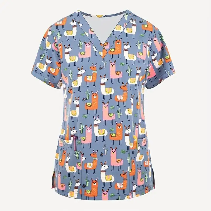 Scrubs Medical Uniforms Woman Cute Cartoon Pattern Dental Medico Tops V-Neck Short Sleeve Patch Pocket Tees Nurse Uniform Woman
