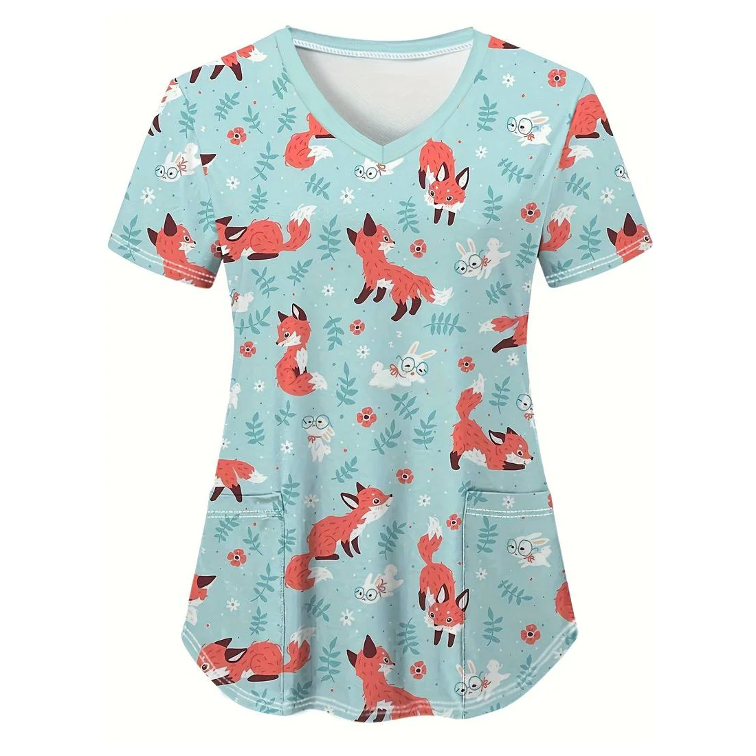 Scrubs Medical Uniforms Woman Cute Cartoon Pattern Dental Medico Tops V-Neck Short Sleeve Patch Pocket Tees Nurse Uniform Woman