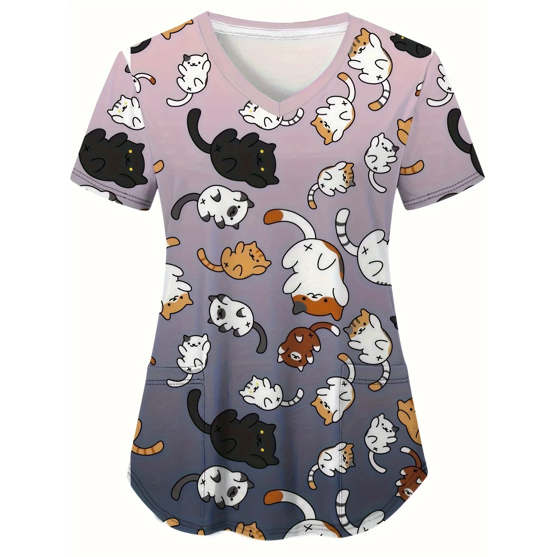 Scrubs Medical Uniforms Woman Cute Cartoon Pattern Dental Medico Tops V-Neck Short Sleeve Patch Pocket Tees Nurse Uniform Woman