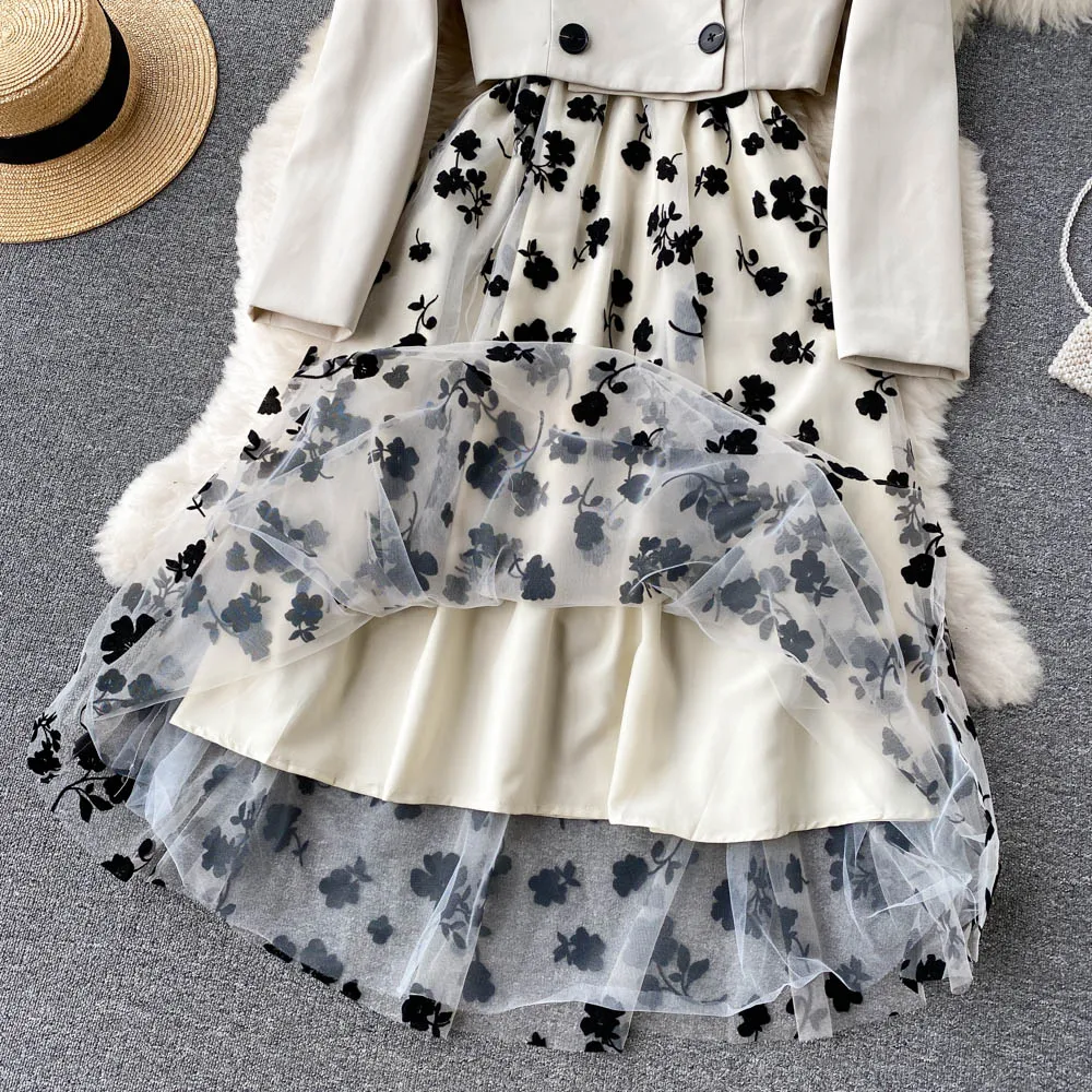 French Style Elegant Two Piece Sets Women Double Breasted Blazer Jacket + Mesh A-line Long Dress Fashion Korean Outfits