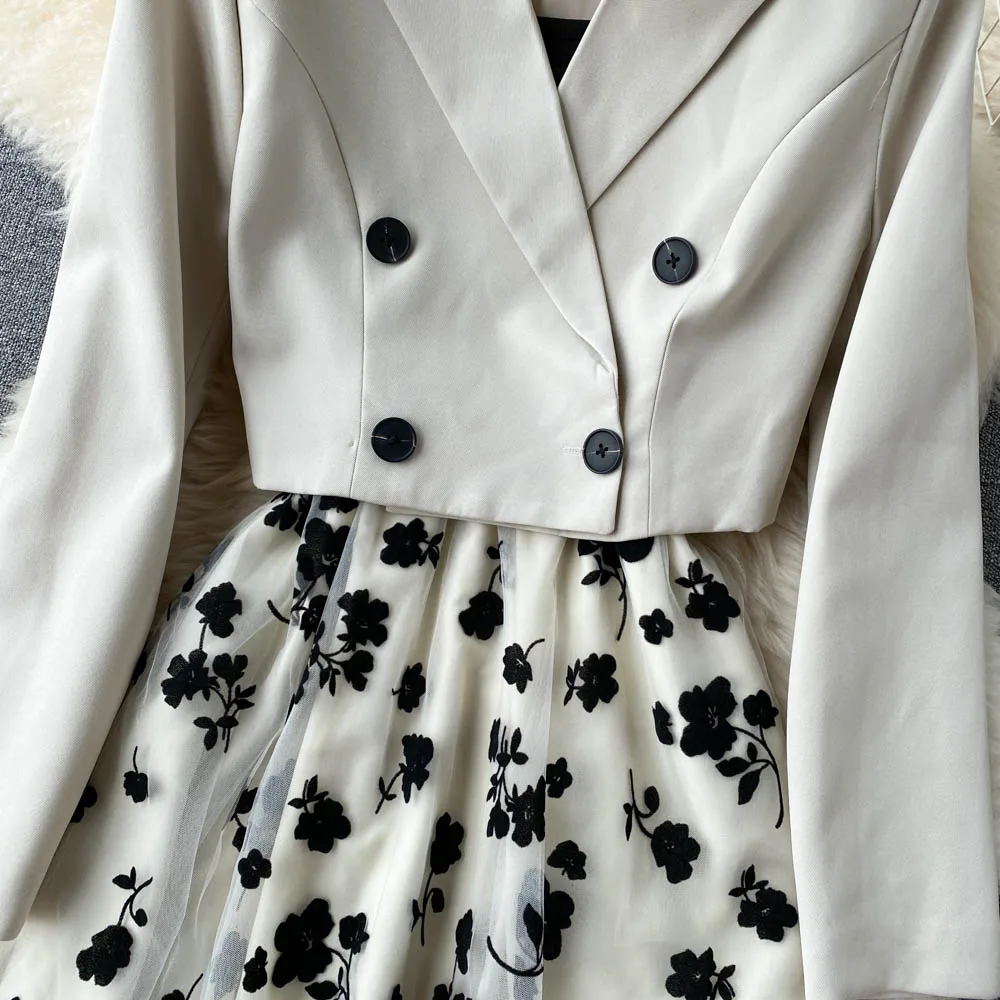 French Style Elegant Two Piece Sets Women Double Breasted Blazer Jacket + Mesh A-line Long Dress Fashion Korean Outfits