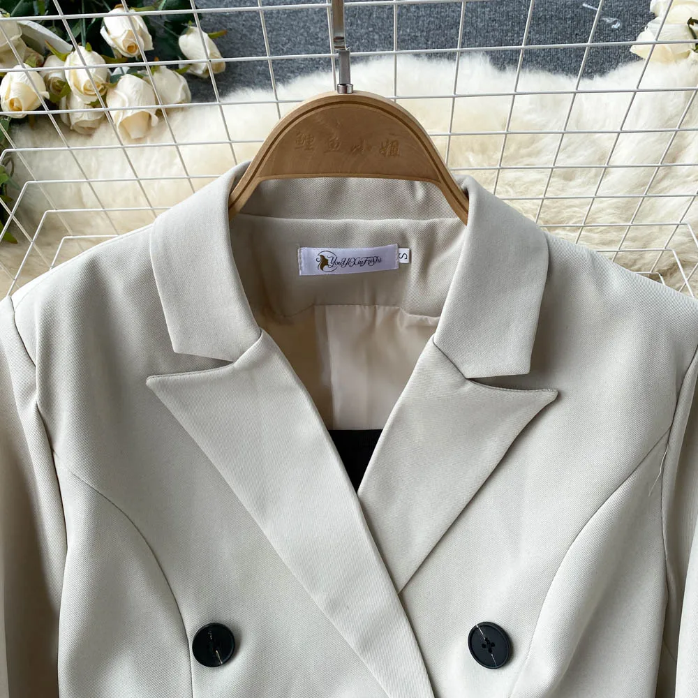 French Style Elegant Two Piece Sets Women Double Breasted Blazer Jacket + Mesh A-line Long Dress Fashion Korean Outfits