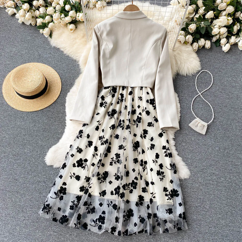 French Style Elegant Two Piece Sets Women Double Breasted Blazer Jacket + Mesh A-line Long Dress Fashion Korean Outfits