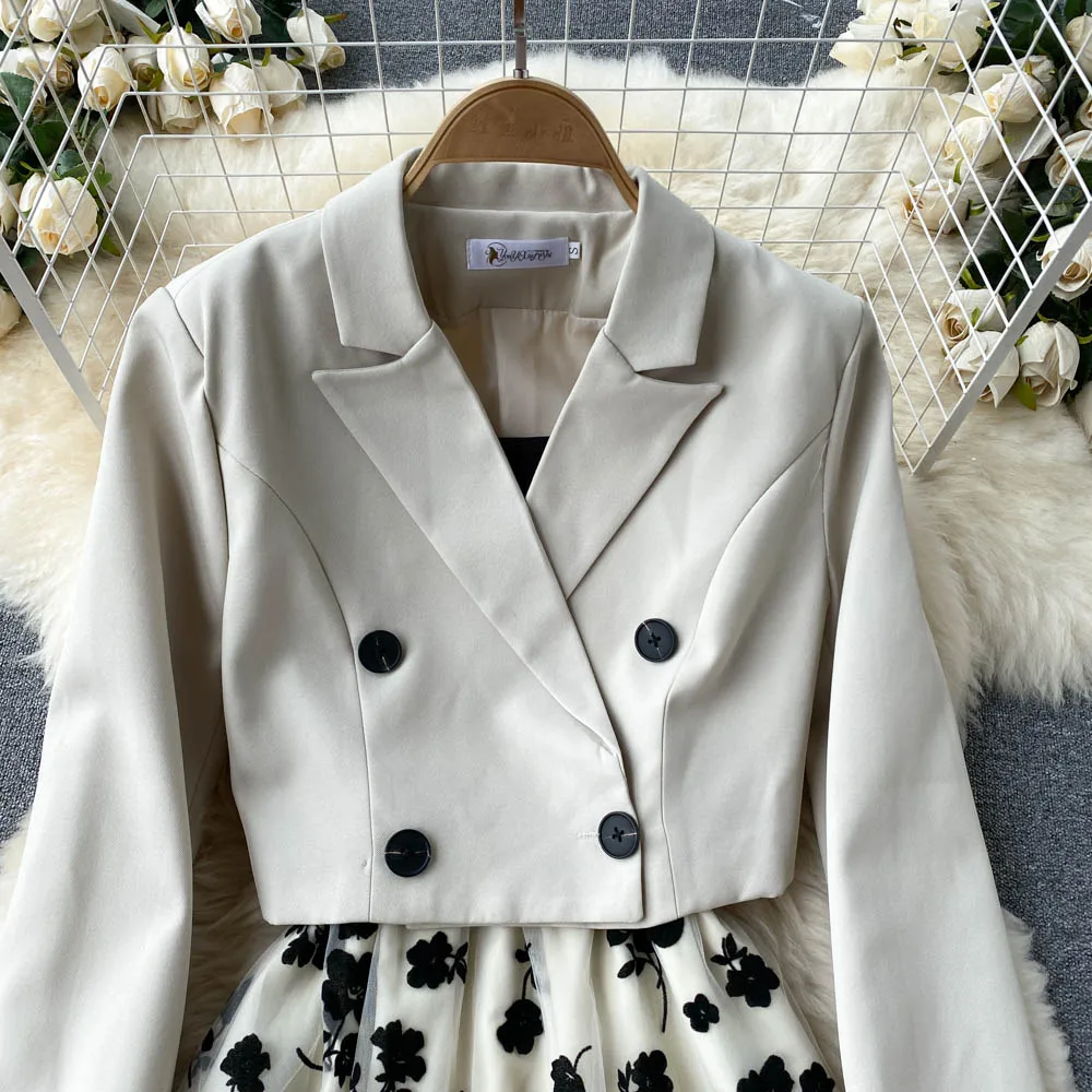 French Style Elegant Two Piece Sets Women Double Breasted Blazer Jacket + Mesh A-line Long Dress Fashion Korean Outfits