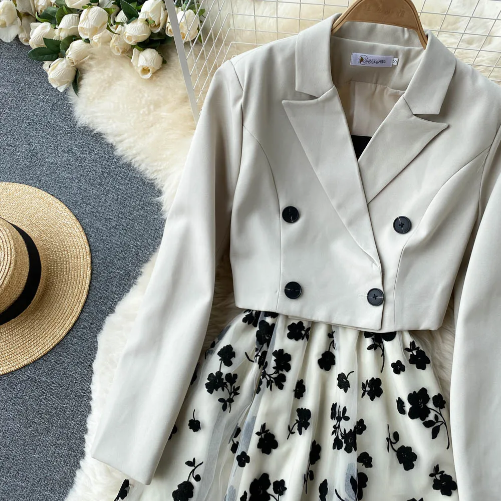 French Style Elegant Two Piece Sets Women Double Breasted Blazer Jacket + Mesh A-line Long Dress Fashion Korean Outfits