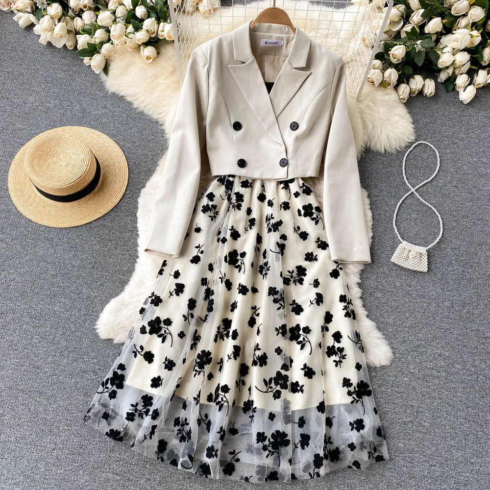 French Style Elegant Two Piece Sets Women Double Breasted Blazer Jacket + Mesh A-line Long Dress Fashion Korean Outfits