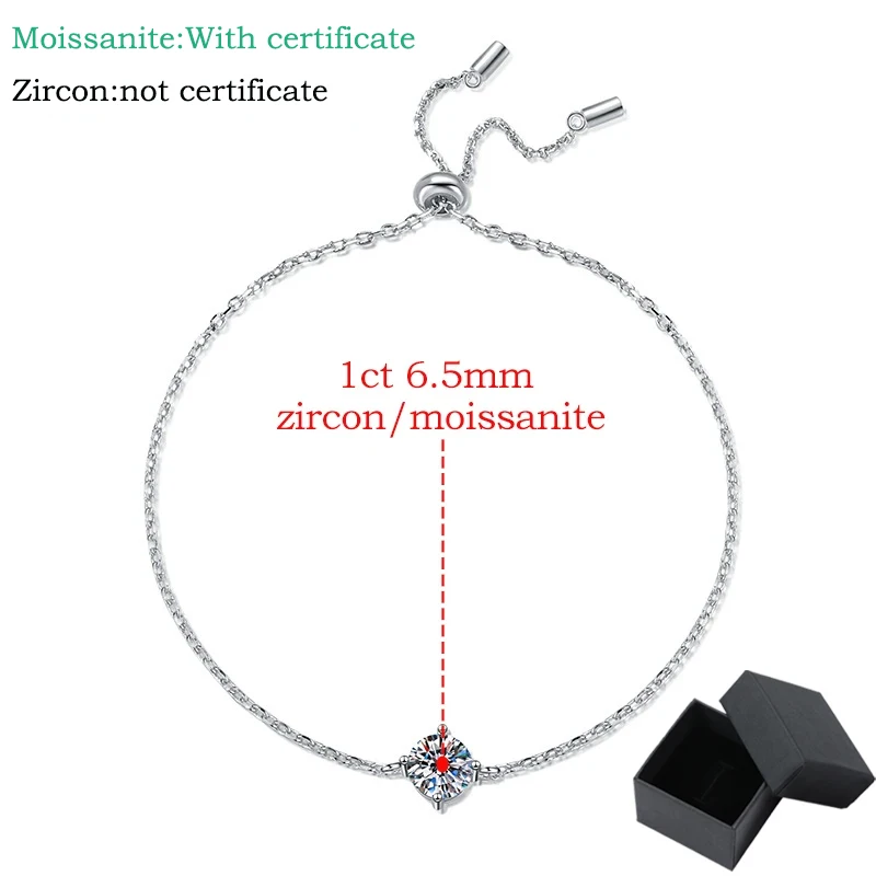 Smyoue 1CT 6.5mm Zircon/moissanite Bracelets for Women Classic Adjustable Chain Lab Diamond 100% 925 Sterling Silver Jewelry