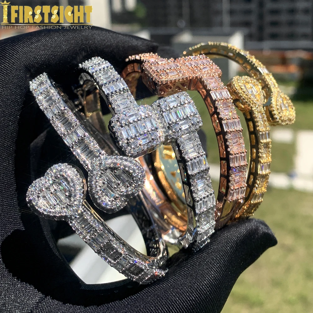 New Iced Out Bling Rectangle AAA CZ Opened Heart Bracelet Silver Color Square Zircon Charm Bangle For Women Hiphop Jewelry