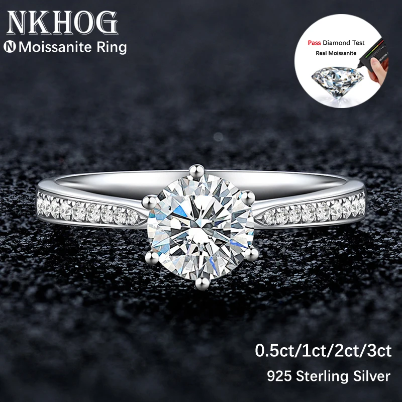 NKHOG Real 3 Carat Moissanite Rings For Women 925 Sterling Silver Classic 6 Claws Engagement Band Jewelry Romantic Wedding Ring