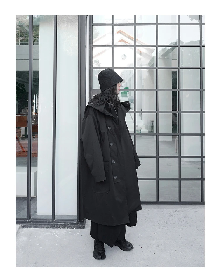 Lautaro Spring Autumn Long Oversized Black Trench Coat with Hood Dark Academia Aesthetic Luxury Designer Clothes for Women 2022