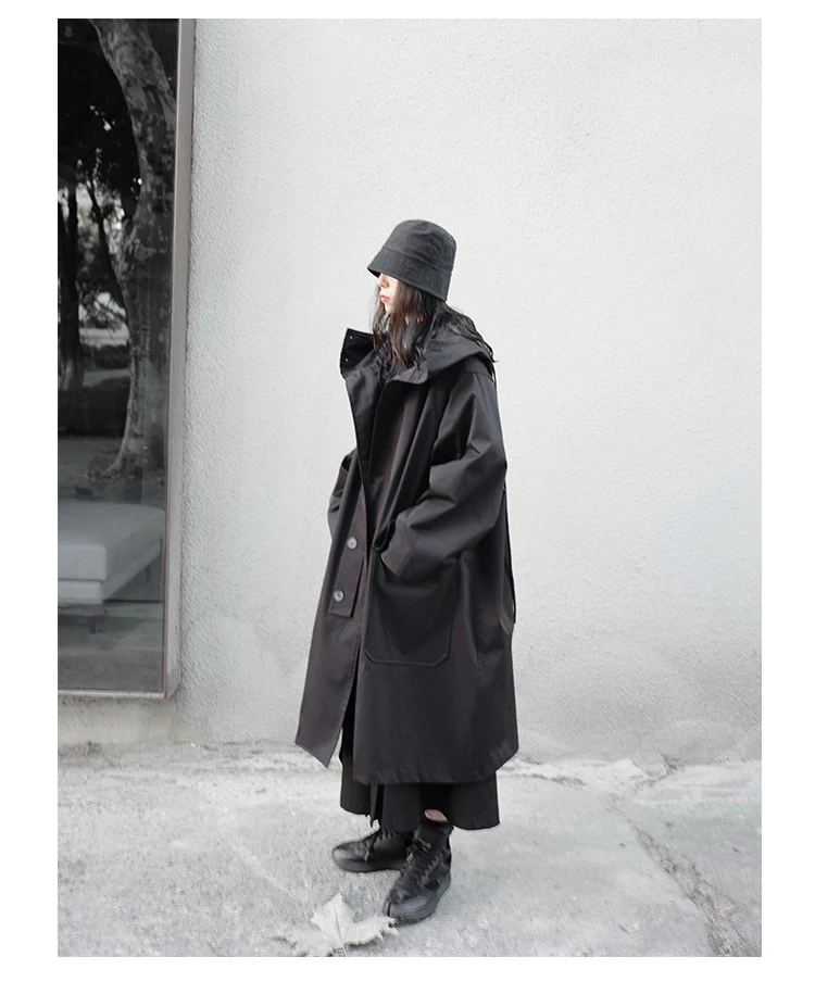 Lautaro Spring Autumn Long Oversized Black Trench Coat with Hood Dark Academia Aesthetic Luxury Designer Clothes for Women 2022