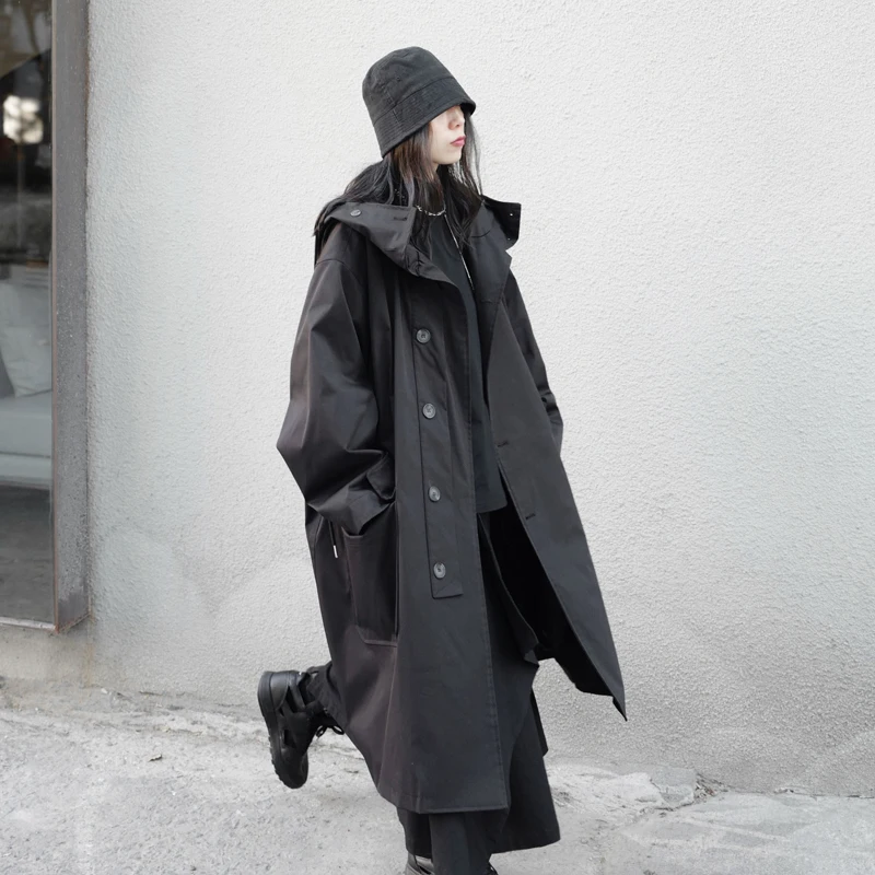 Lautaro Spring Autumn Long Oversized Black Trench Coat with Hood Dark Academia Aesthetic Luxury Designer Clothes for Women 2022